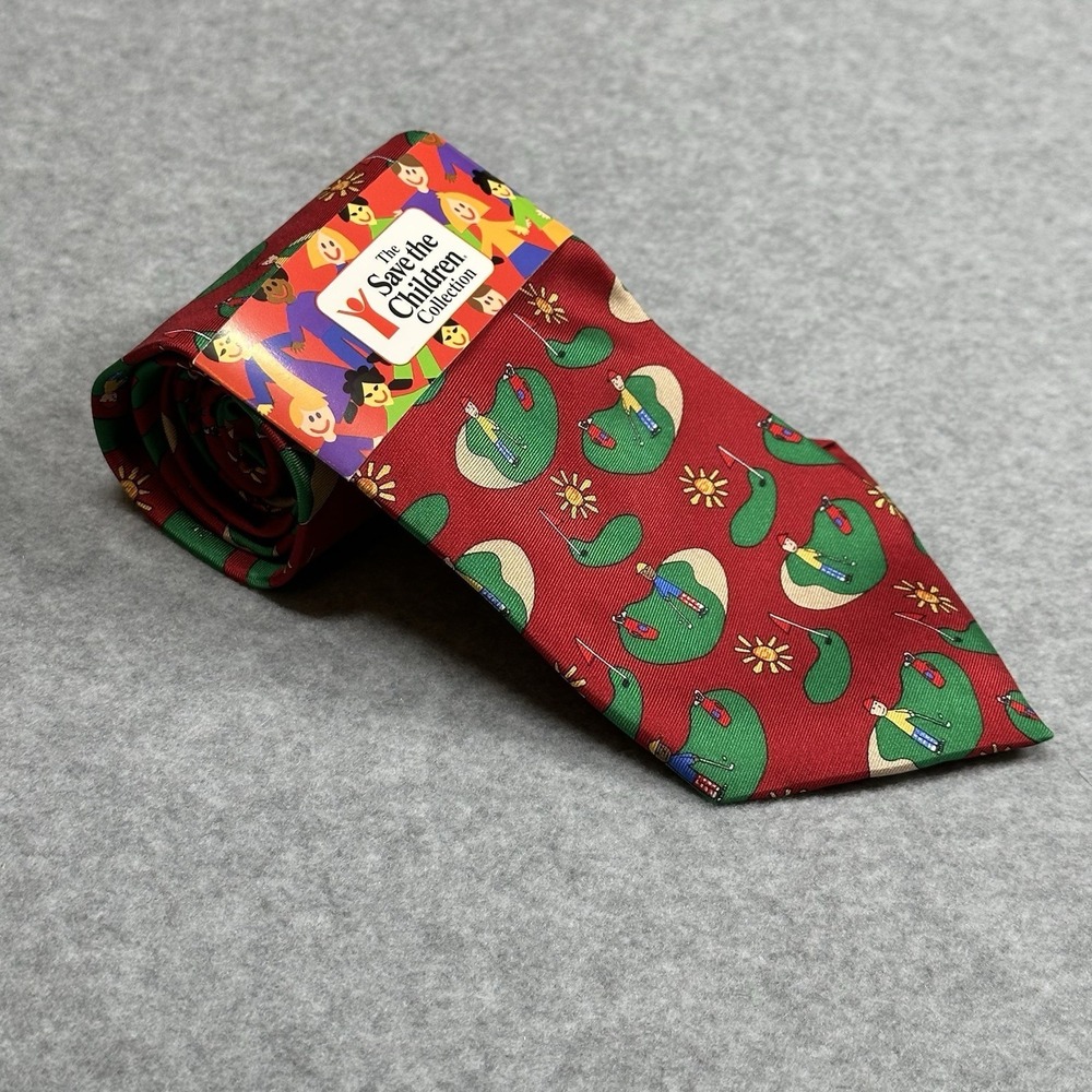 Vintage Save The Children Golf Silk Tie "Golfer Dad" Red Novelty Randa USA